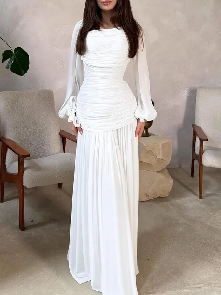 Elegant  pleated maxi dress for women /long sleeve v-neck fomral & casual dress
