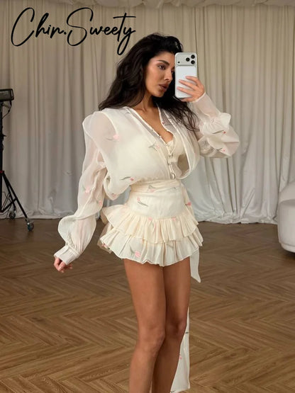 elegant floral mini dress-long sleeve v-neck ruffle dress