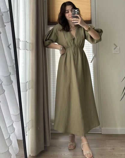 Elegant vintage midi dress for women v-neck puff sleeve dress