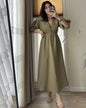 Elegant vintage midi dress for women v-neck puff sleeve dress