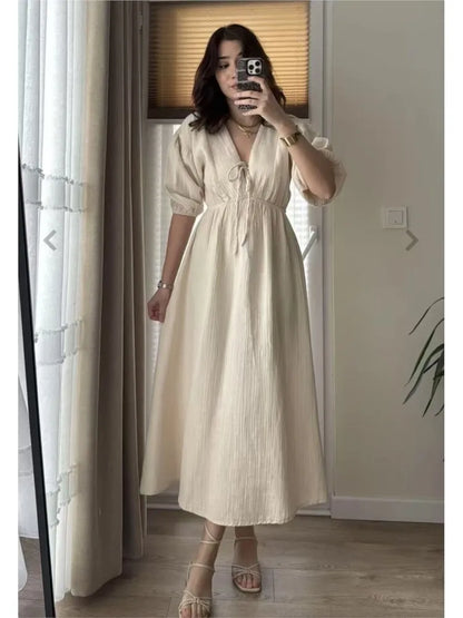 Elegant vintage midi dress for women v-neck puff sleeve dress