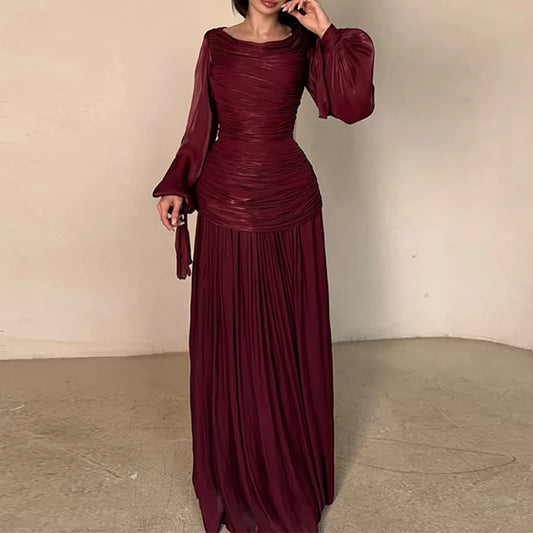 Elegant  pleated maxi dress for women /long sleeve v-neck fomral & casual dress