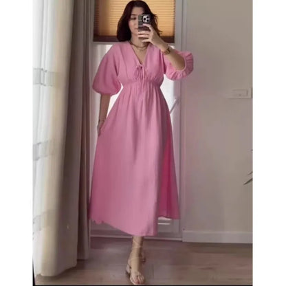 Elegant vintage midi dress for women v-neck puff sleeve dress
