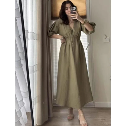 Elegant vintage midi dress for women v-neck puff sleeve dress