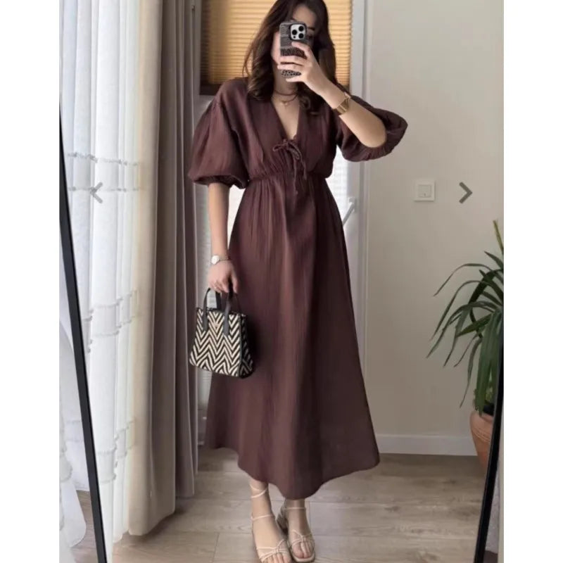 Elegant vintage midi dress for women v-neck puff sleeve dress