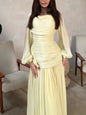 Elegant  pleated maxi dress for women /long sleeve v-neck fomral & casual dress