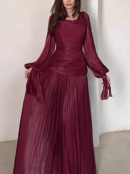 Elegant  pleated maxi dress for women /long sleeve v-neck fomral & casual dress