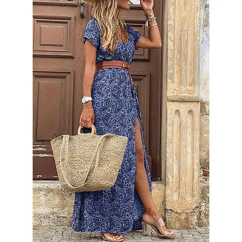 elegant floral midi dress for women /v-neck puff sleeve dress