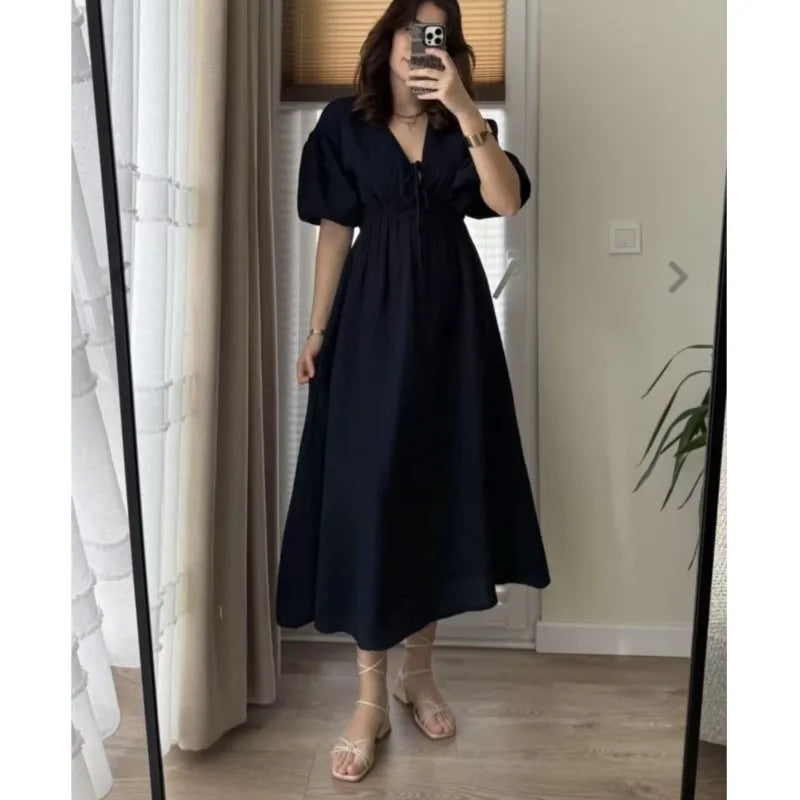 Elegant vintage midi dress for women v-neck puff sleeve dress