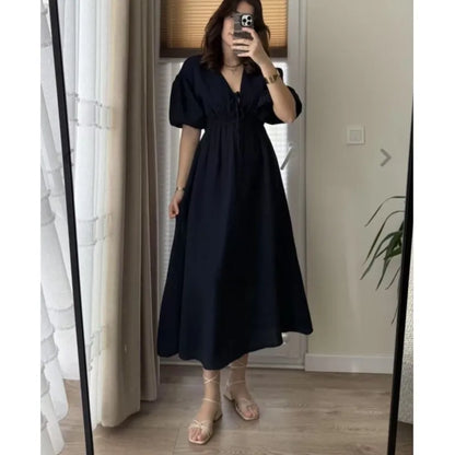Elegant vintage midi dress for women v-neck puff sleeve dress
