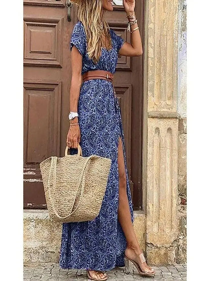 elegant floral midi dress for women /v-neck puff sleeve dress