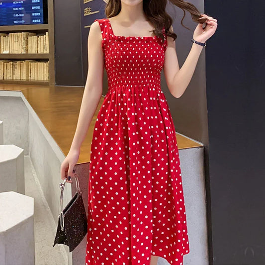women's summer polka dot square neck midi dress