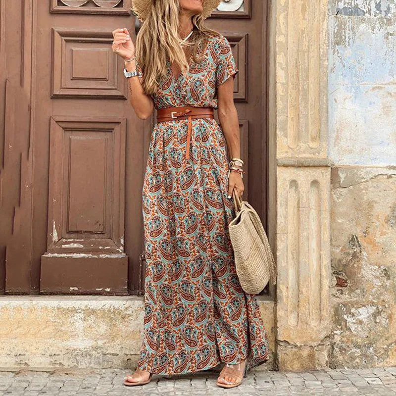 elegant floral midi dress for women /v-neck puff sleeve dress
