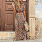 elegant floral midi dress for women /v-neck puff sleeve dress