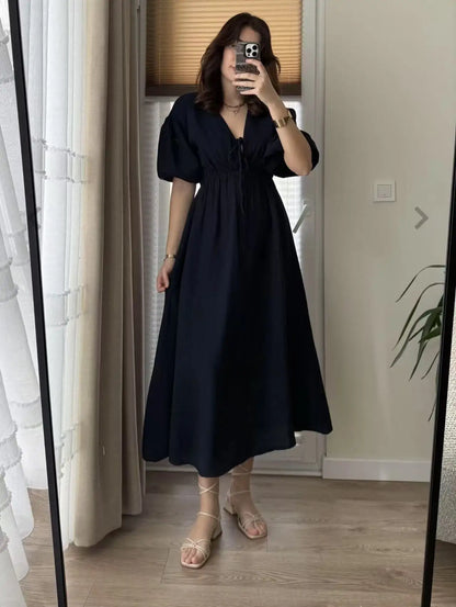 Elegant vintage midi dress for women v-neck puff sleeve dress