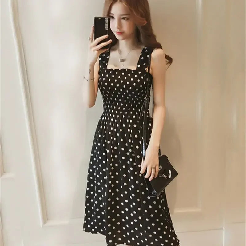 women's summer polka dot square neck midi dress