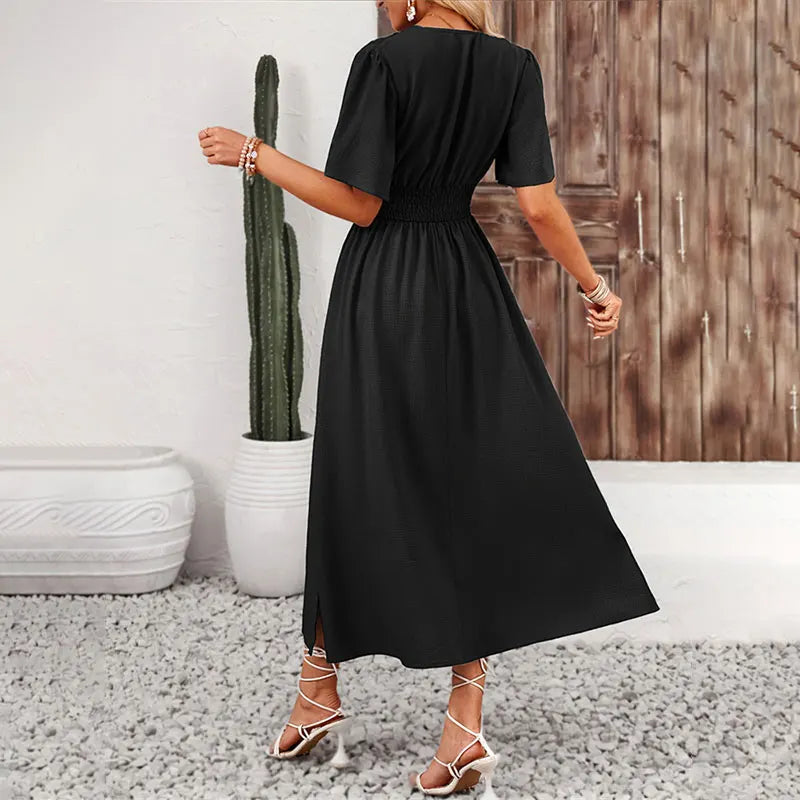 women's elegant ruffle v-neck pleated dress