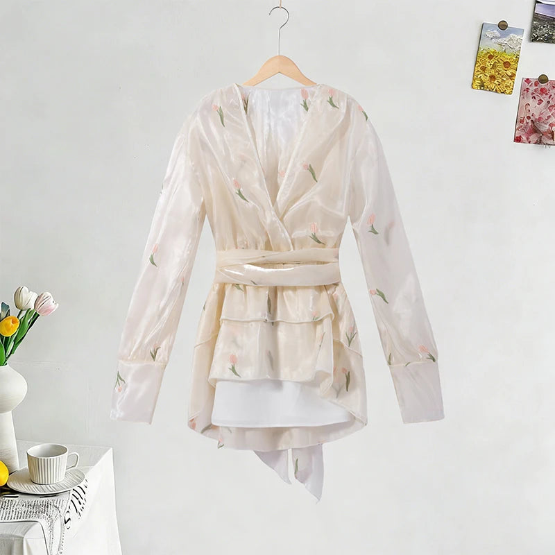 elegant floral mini dress-long sleeve v-neck ruffle dress
