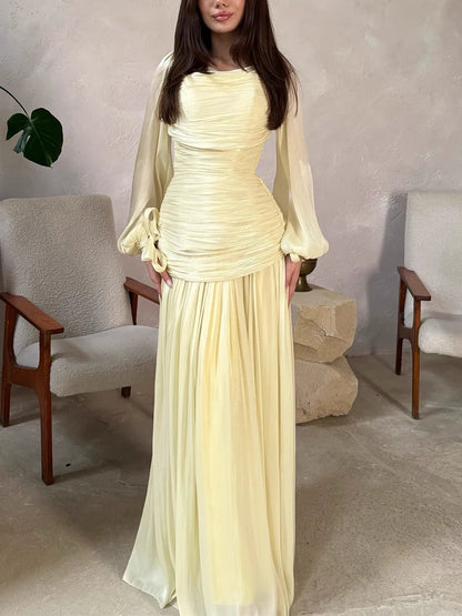Elegant  pleated maxi dress for women /long sleeve v-neck fomral & casual dress