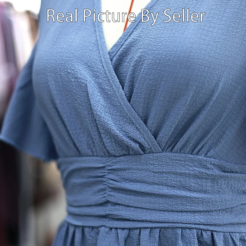 women's elegant ruffle v-neck pleated dress