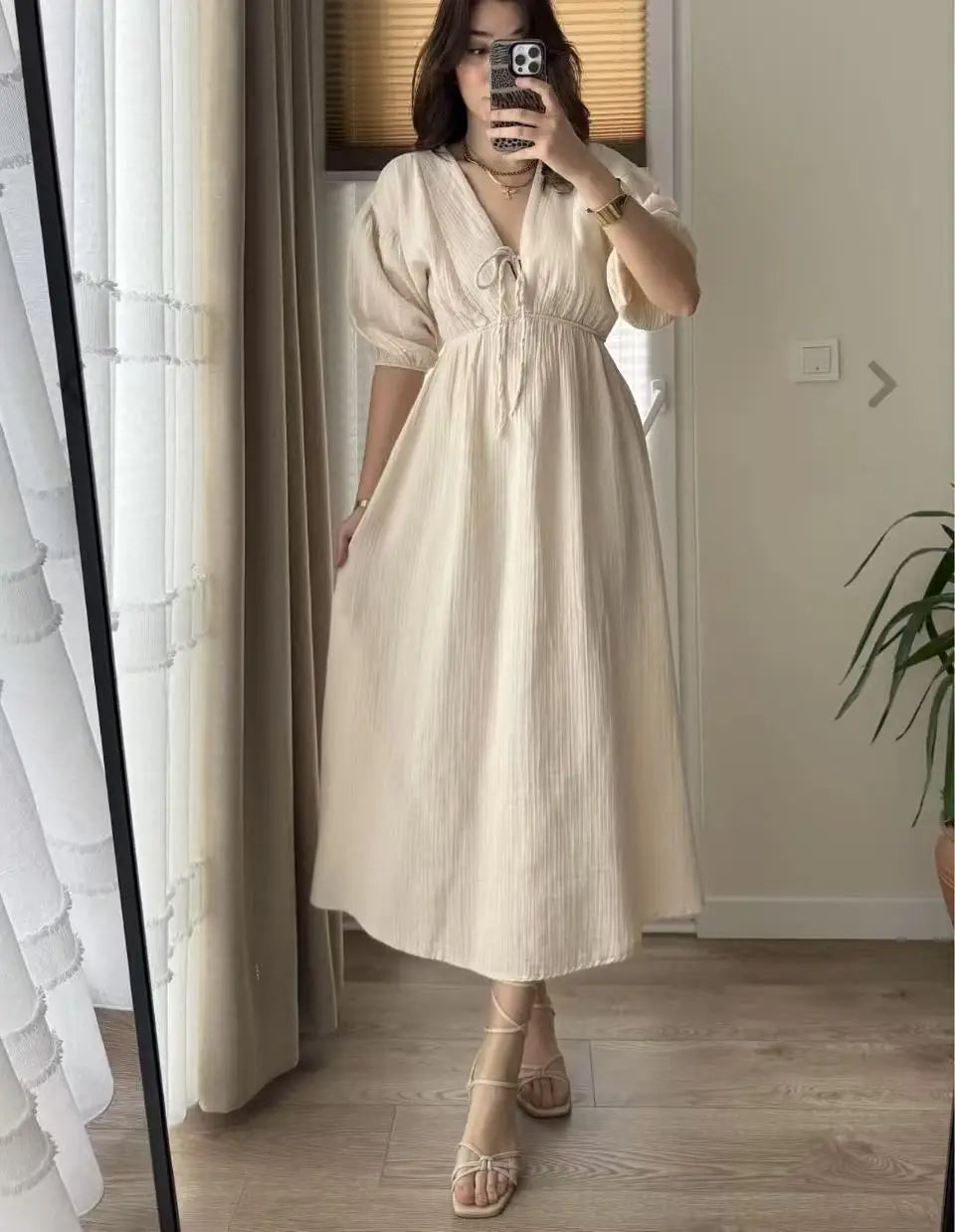 Elegant vintage midi dress for women v-neck puff sleeve dress