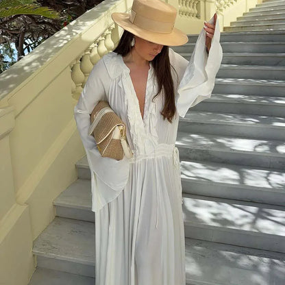 elegant white ruffle maxi dress for women