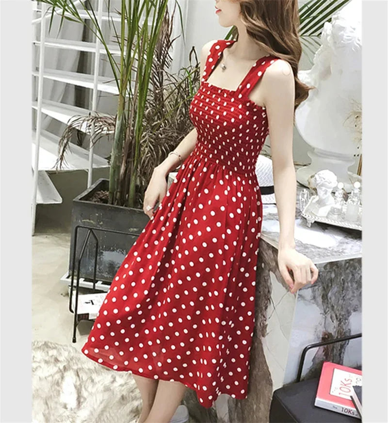 women's summer polka dot square neck midi dress