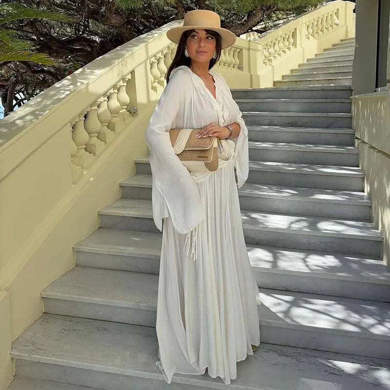 elegant white ruffle maxi dress for women