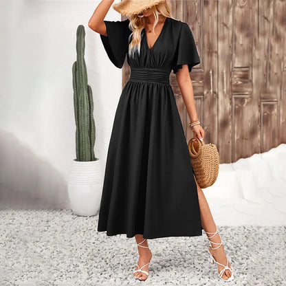 women's elegant ruffle v-neck pleated dress