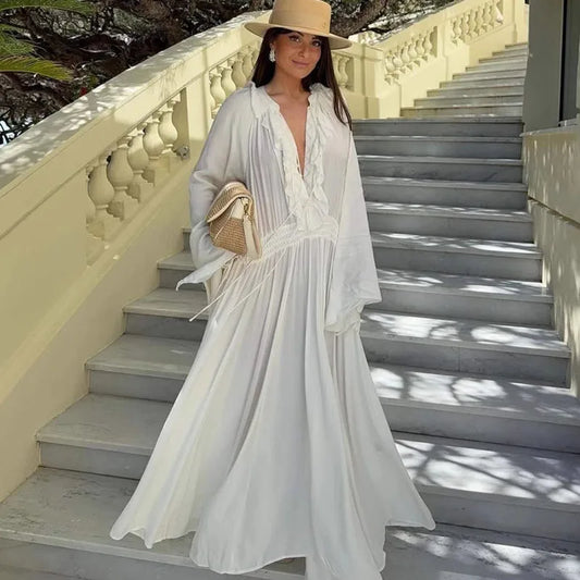 elegant white ruffle maxi dress for women