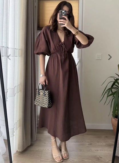 Elegant vintage midi dress for women v-neck puff sleeve dress