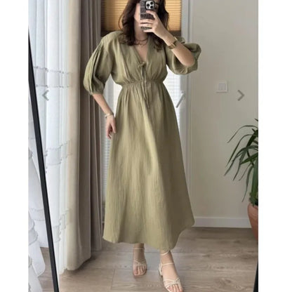 Elegant vintage midi dress for women v-neck puff sleeve dress