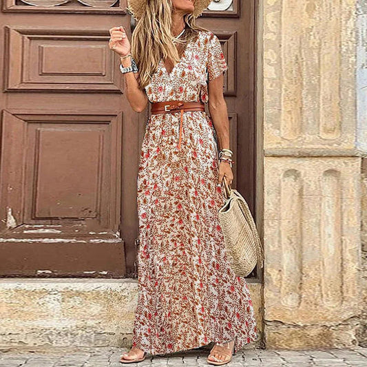 elegant floral midi dress for women /v-neck puff sleeve dress