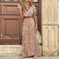 elegant floral midi dress for women /v-neck puff sleeve dress