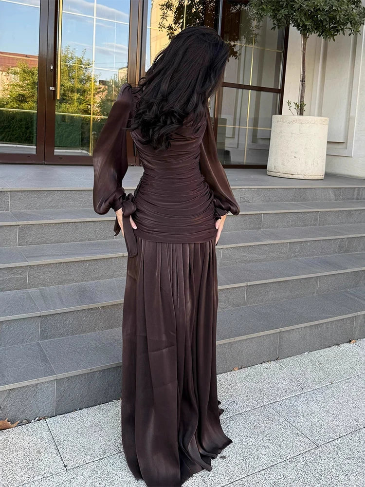 Elegant  pleated maxi dress for women /long sleeve v-neck fomral & casual dress