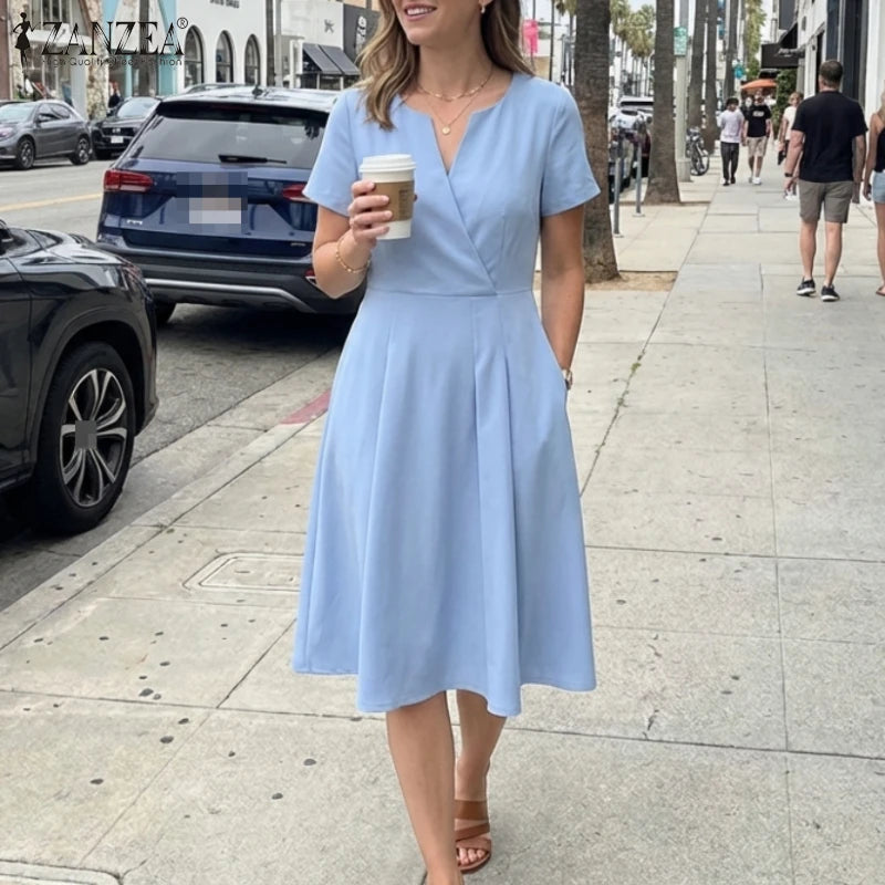 zanzea elegant v-neck midi dress for women