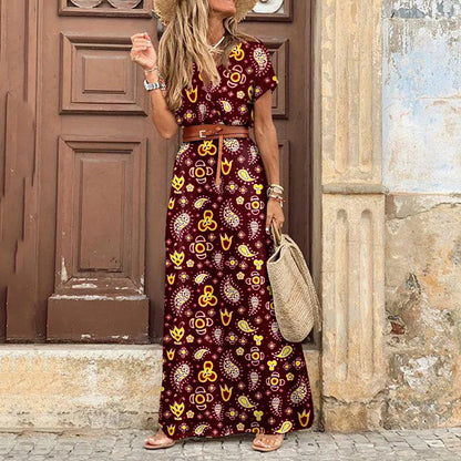 elegant floral midi dress for women /v-neck puff sleeve dress