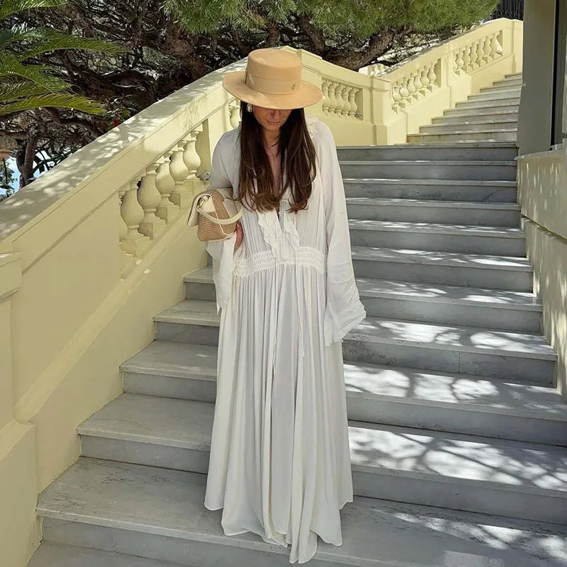 elegant white ruffle maxi dress for women