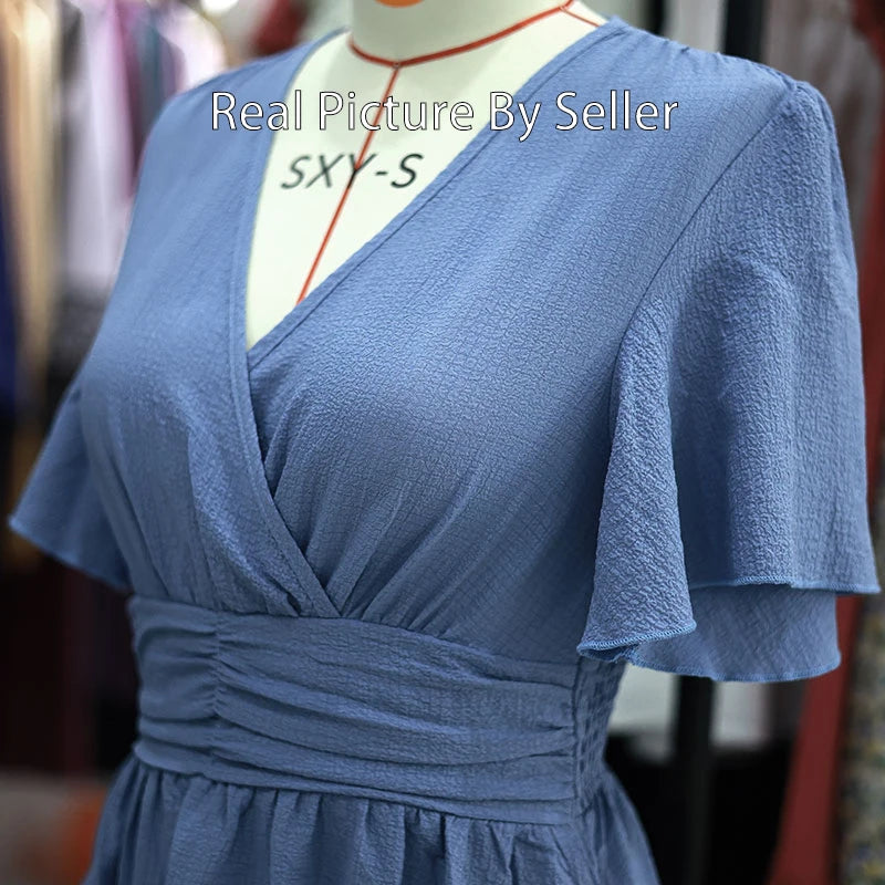 women's elegant ruffle v-neck pleated dress